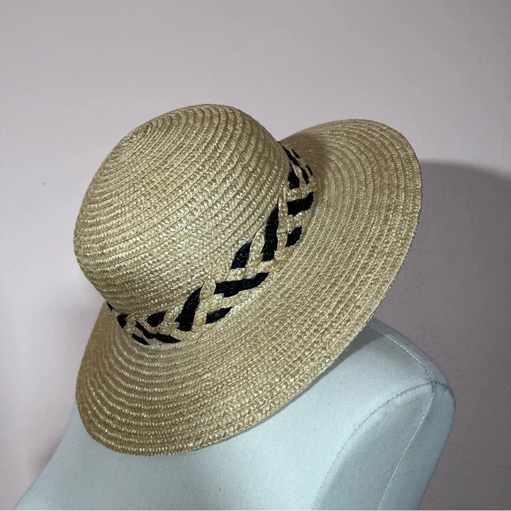 Vintage 90 Y2K Natural Straw Flat Wide brim Sunhat Coastal Grandma - Picture 10 of 14